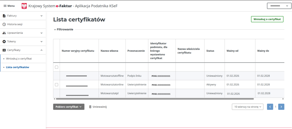 ksef lista certyfikatów